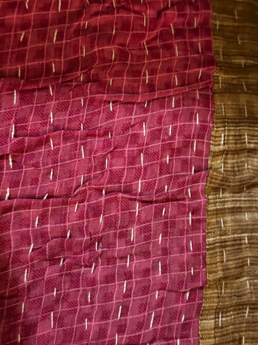 Handstitched Kantha Throw in Deep Raspberry and Brown